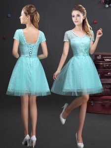 Aqua Blue Lace Up V-neck Lace and Appliques and Belt Court Dresses for Sweet 16 Tulle Short Sleeves