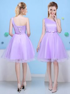 Most Popular One Shoulder Sleeveless Damas Dress Knee Length Bowknot Lavender Tulle
