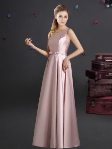 One Shoulder Pink Sleeveless Elastic Woven Satin Zipper Bridesmaids Dress for Prom and Party and Wedding Party