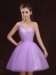Spectacular One Shoulder Sleeveless Tulle Mini Length Lace Up Quinceanera Court of Honor Dress in Lilac with Lace and Ru