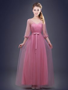 Pink Lace Up Dama Dress Ruching and Bowknot Half Sleeves Floor Length