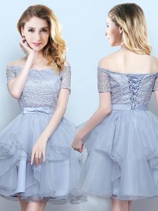 Superior Off the Shoulder Short Sleeves Mini Length Lace and Ruffles and Belt Lace Up Wedding Party Dress with Grey