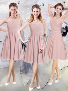 High End Scoop Pink Half Sleeves Lace and Ruching Knee Length Damas Dress