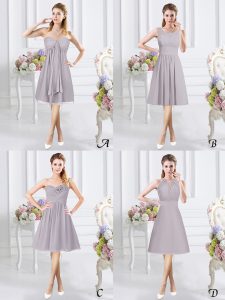 Grey Side Zipper Bridesmaids Dress Lace and Ruching and Hand Made Flower Sleeveless Knee Length