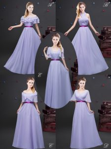 Lavender Off The Shoulder Zipper Ruffled Layers and Ruching and Belt Bridesmaid Gown Sleeveless