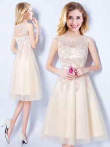 High Quality Scoop Champagne A-line Appliques Bridesmaid Dress Lace Up Tulle Sleeveless Knee Length