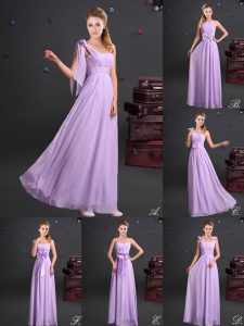 One Shoulder Lavender Empire Ruching and Bowknot and Hand Made Flower Quinceanera Court of Honor Dress Zipper Chiffon Sl