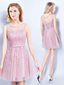 Exquisite Scoop Pink Sleeveless Appliques and Belt Mini Length Quinceanera Court of Honor Dress