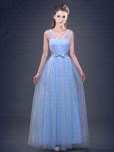 Dynamic Appliques and Ruching and Bowknot Quinceanera Court Dresses Light Blue Lace Up Sleeveless Floor Length