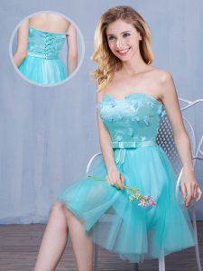 Perfect Tulle Sleeveless Knee Length Bridesmaid Dresses and Lace and Appliques and Bowknot