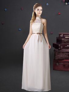 White Chiffon Lace Up Halter Top Sleeveless Floor Length Wedding Guest Dresses Lace and Belt