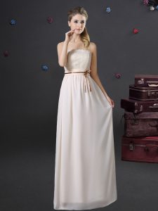 Admirable Lace and Belt Bridesmaid Dress White Lace Up Sleeveless Floor Length