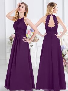Purple Halter Top Neckline Ruching Wedding Guest Dresses Sleeveless Zipper
