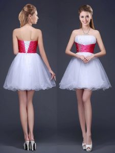 Mini Length Lace Up Vestidos de Damas White for Prom and Party with Beading and Ruching and Belt