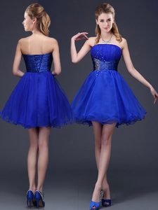Noble Sleeveless Mini Length Beading and Ruching Lace Up Bridesmaid Dress with Royal Blue
