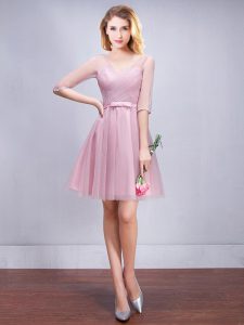 Fancy V-neck Half Sleeves Damas Dress Mini Length Ruching and Bowknot Pink Tulle