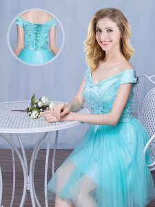 Hot Selling Off the Shoulder Knee Length Aqua Blue Bridesmaids Dress Tulle Cap Sleeves Lace and Appliques and Bowknot
