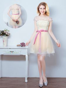 Excellent Mini Length Champagne Damas Dress Scoop Short Sleeves Lace Up