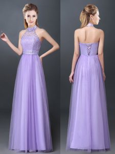 Halter Top Lavender Tulle Lace Up Dama Dress for Quinceanera Sleeveless Floor Length Lace and Appliques