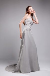 Gray Sweetheart Brush Train Chiffon Celebrity Dress with Ruching and Appliques