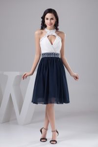 White and Navy Blue Halter Impressive Celebrity Party Dress with Beading