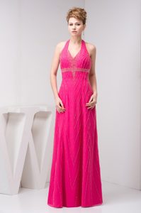 Hot Pink Halter Top Beaded Backless Beautiful Celebrity Party Dress for Fall