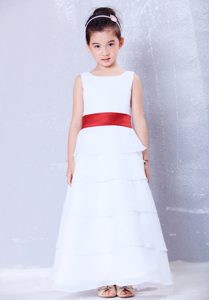 White and Red A-line Ankle-length Chiffon Sash Cinderella Pageant Dress
