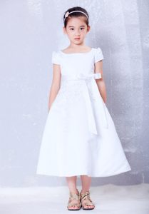 White A-line Tea-length Cinderella Pageant Dress with Bow and Beading