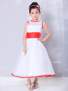 White and Red A-line Scoop Ankle-length Organza Cinderella Pageant Dresses