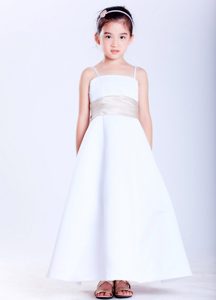 White A-line Straps Ankle-length Satin Beaded Cinderella Pageant Dress on Sale