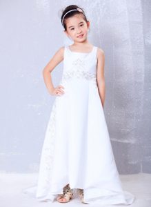 A-line Square Satin Beaded Cinderella Pageant Dress with Brush Train for Cheap