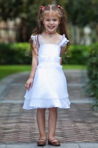 White Straps Knee-length Beaded and Ruffled Cinderella Pageant Dress