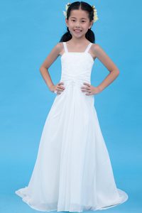 White A-line Chiffon Cinderella Pageant Dress with Brush Train and Embroidery