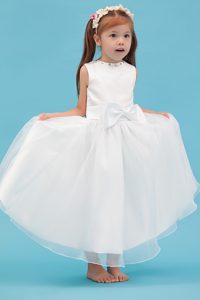 White Scoop Ankle-length Organza Cinderella Pageant Dress with Bowknot
