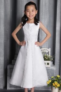 New White Tea-length Organza Beaded Cinderella Pageant Dress on Promotion