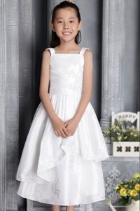 White Square Tea-length Cinderella Pageant Dress with Appliques