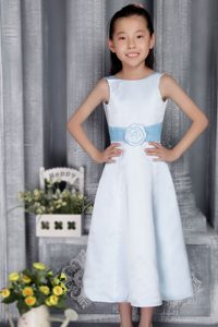 Light Blue A-line Scoop Tea-length Satin Cinderella Pageant Dress on Promotion