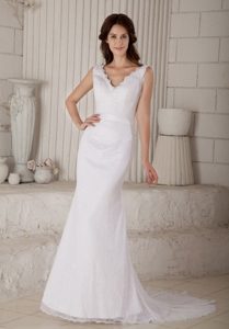 Voguish Mermaid V-neck Court Train Zipper-up Lace Wedding Reception Dress