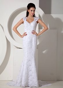 Multi-tiered Mermaid V-neck Brush Train Wedding Dresses in Lace with Beading