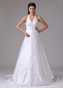 Surprising A-line Halter Top Bridal Gowns with Embroidery and Ruching