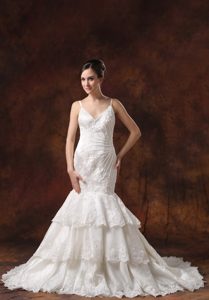 Wholesale Price Mermaid Lace Wedding Reception Dresses with Spaghetti Straps