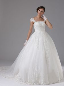 Gorgeous Ball Gown Lace Sash Cap Sleeves Dress for Wedding with Brush Train
