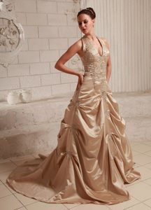 Wonderful Halter Top Champagne Appliqued Bridal Gown with Court Train