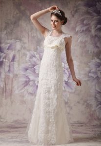 Qualified Straps Long Organza and Lace Dress for Brides with Bow