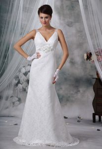 Stunning Beaded V-neck Lace Straps Zipper-up Bridal Gowns with Brush Train
