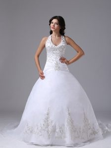 Floating Halter Top Ball Gown Dress for Bride with Embroidery Decorated Bodice