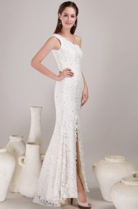 Modest White One Shoulder Lace Beading Wedding Gown with High Slit