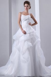 Spaghetti Court Train and Organza Wedding Dresses with Appliques