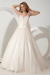 Discount Brush Train Tulle Appliqued Wedding Reception Dress with Straps
