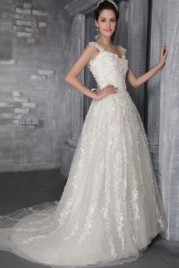 Charming A-line Court Train Lace-up Wedding Dress for Summer under 250